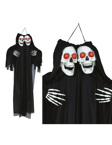 Double squelette suspendu lumineux Halloween en tunique noire – 165 cm