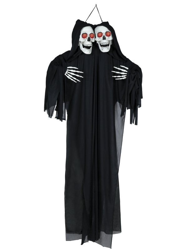 Double squelette suspendu lumineux Halloween en tunique noire – 165 cm