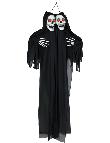 Double squelette suspendu lumineux Halloween en tunique noire – 165 cm