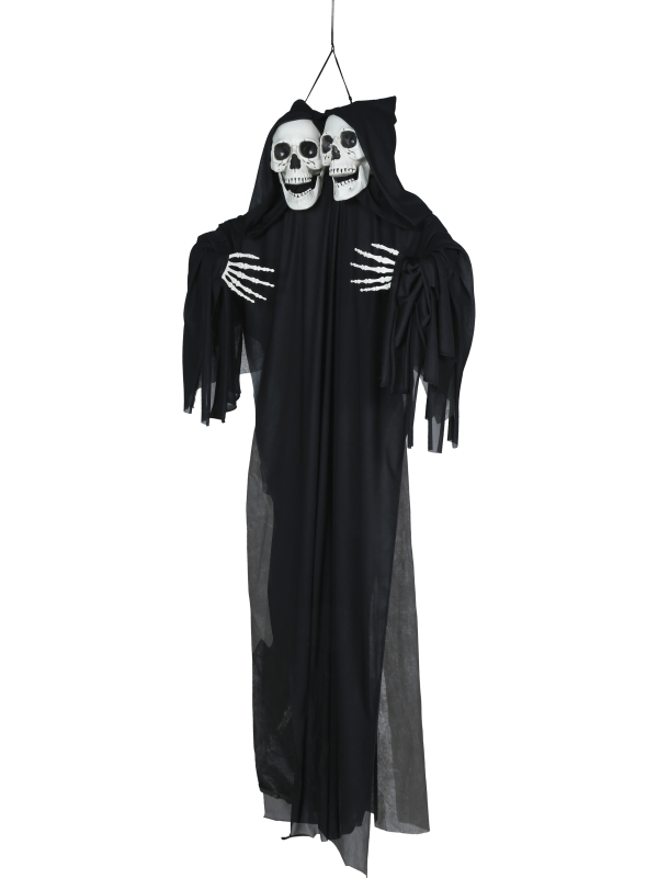 Double squelette suspendu lumineux Halloween en tunique noire – 165 cm