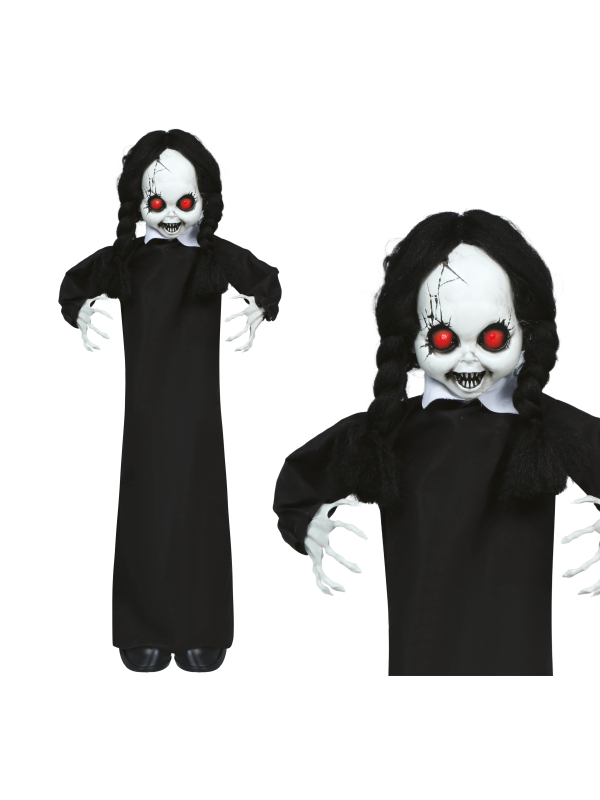 Automate Halloween poupée hantée animée sur pied – lumière, son et mouvement – 95 cm