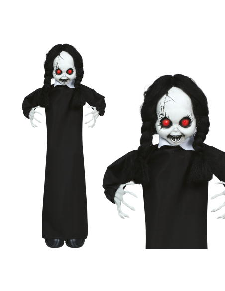 Automate Halloween poupée hantée animée sur pied – lumière, son et mouvement – 95 cm