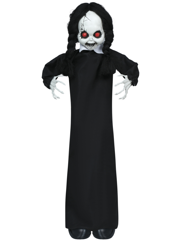 Automate Halloween poupée hantée animée sur pied – lumière, son et mouvement – 95 cm