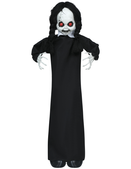 Automate Halloween poupée hantée animée sur pied – lumière, son et mouvement – 95 cm