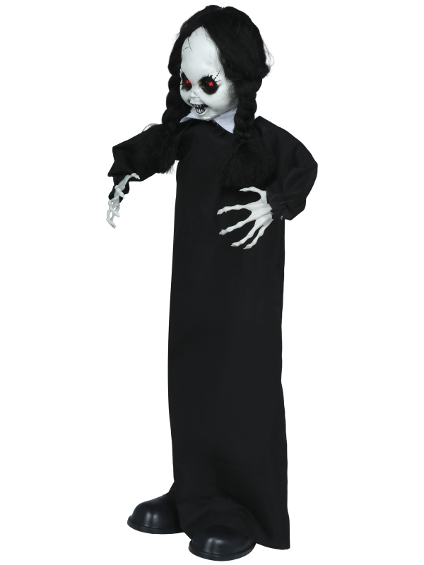Automate Halloween poupée hantée animée sur pied – lumière, son et mouvement – 95 cm