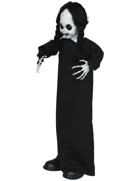 Automate Halloween poupée hantée animée sur pied – lumière, son et mouvement – 95 cm