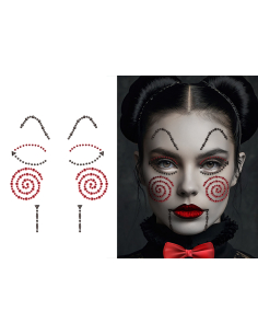 Bijoux visage adhésifs poupée maléfique Halloween rouge et noir 2