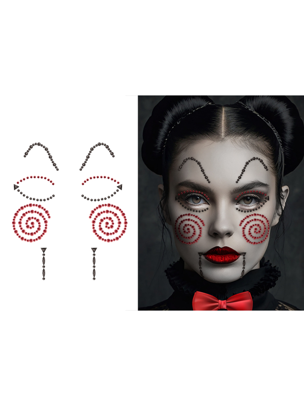 Bijoux visage adhésifs poupée maléfique Halloween rouge et noir