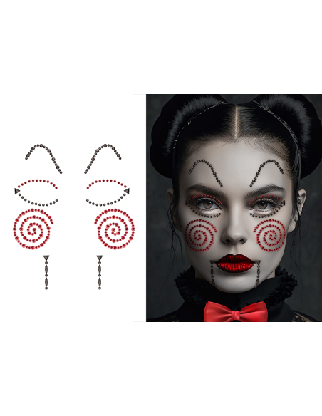 Bijoux visage adhésifs poupée maléfique Halloween rouge et noir