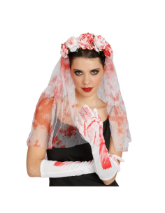 Kit mariée ensanglantée Halloween avec voile fleuri et gants longs