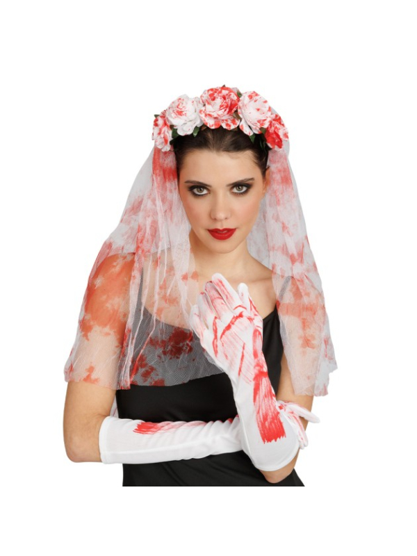 Kit mariée ensanglantée Halloween avec voile fleuri et gants longs