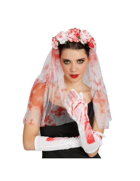 Kit mariée ensanglantée Halloween avec voile fleuri et gants longs