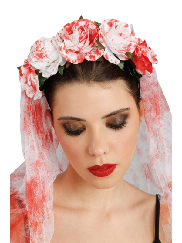 Kit mariée ensanglantée Halloween avec voile fleuri et gants longs