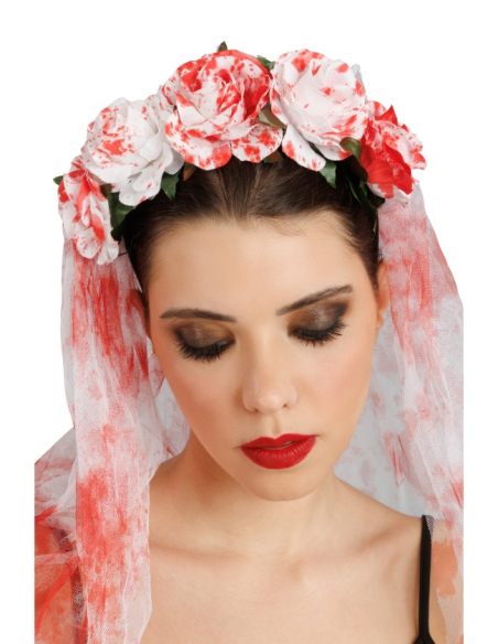Kit mariée ensanglantée Halloween avec voile fleuri et gants longs