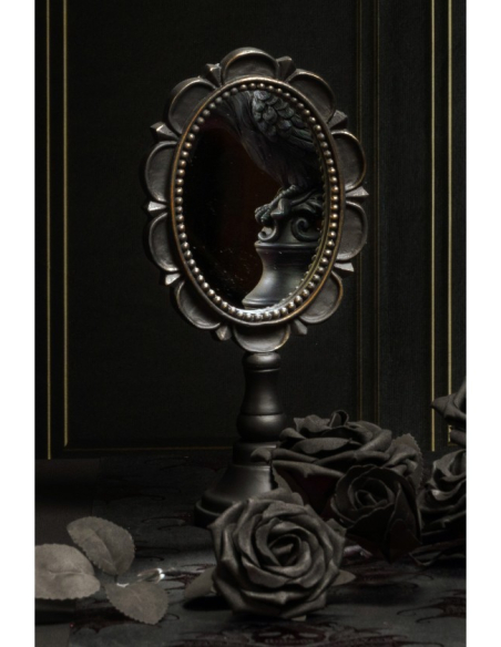Miroir ovale noir sur pied avec cadre à perles décoratives