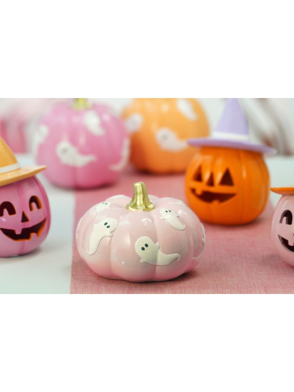 Citrouille rose pastel avec fantômes en résine – Summerween 15,5 cm