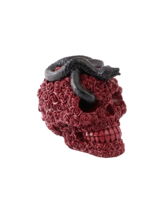 Crâne gothique en roses rouges avec serpent noir – 15 cm