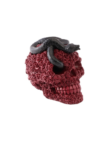 Crâne gothique en roses rouges avec serpent noir – 15 cm