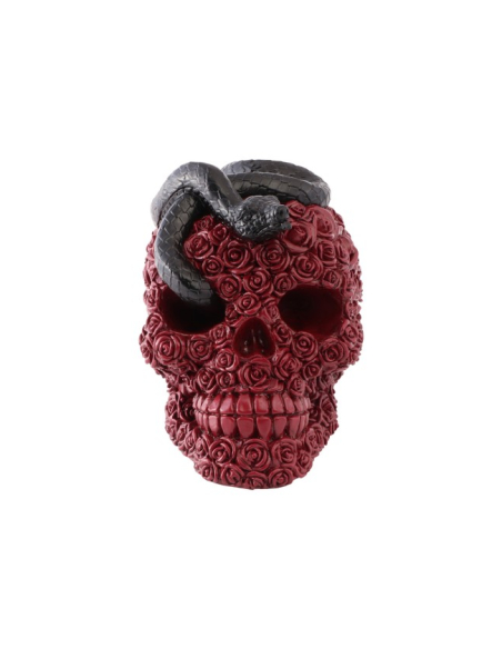 Crâne gothique en roses rouges avec serpent noir – 15 cm