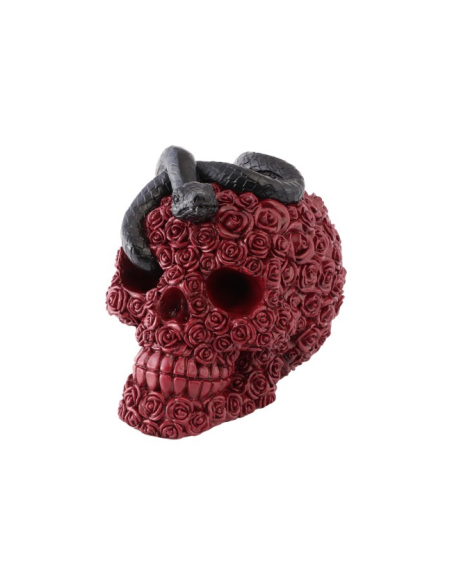Crâne gothique en roses rouges avec serpent noir – 15 cm