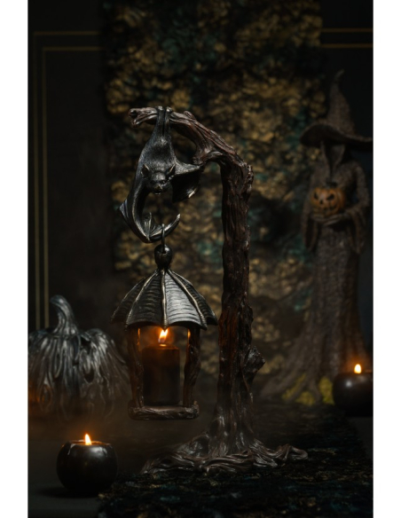 Bougeoir lanterne gothique avec chauve-souris sur branche – 37 cm