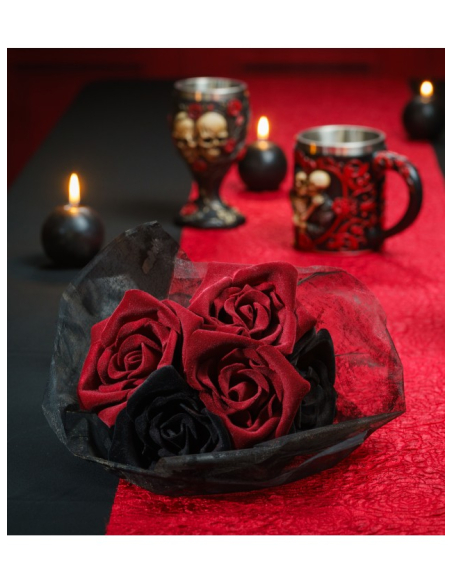 Bouquet 5 roses rouges et noires – Mariée gothique Halloween 45 cm