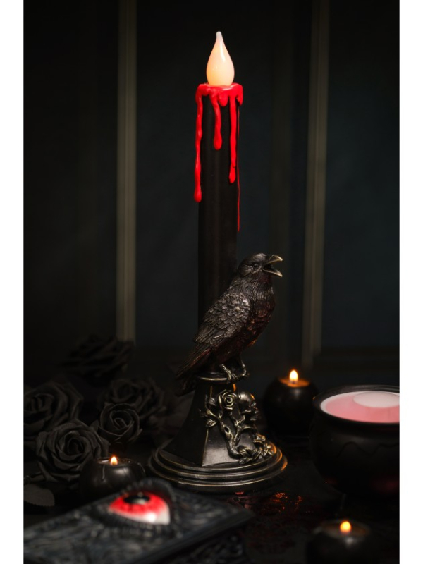 Chandelier LED gothique avec corbeau noir et cire rouge – 45,5 cm