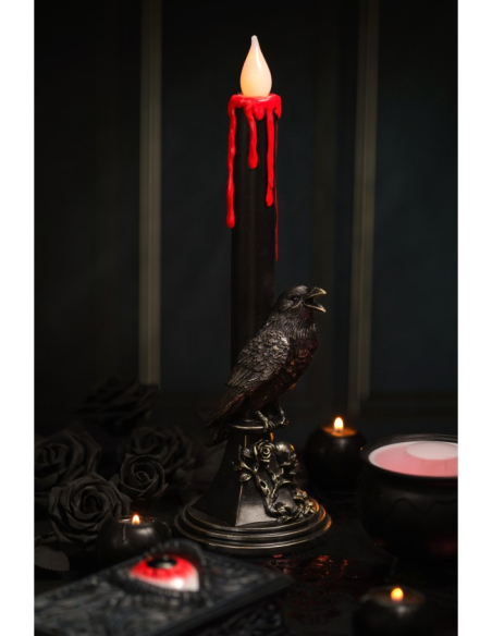 Chandelier LED gothique avec corbeau noir et cire rouge – 45,5 cm
