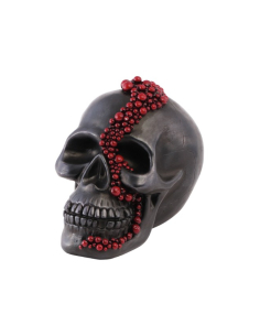 Crâne gothique noir en résine avec perles rouges – 23 cm