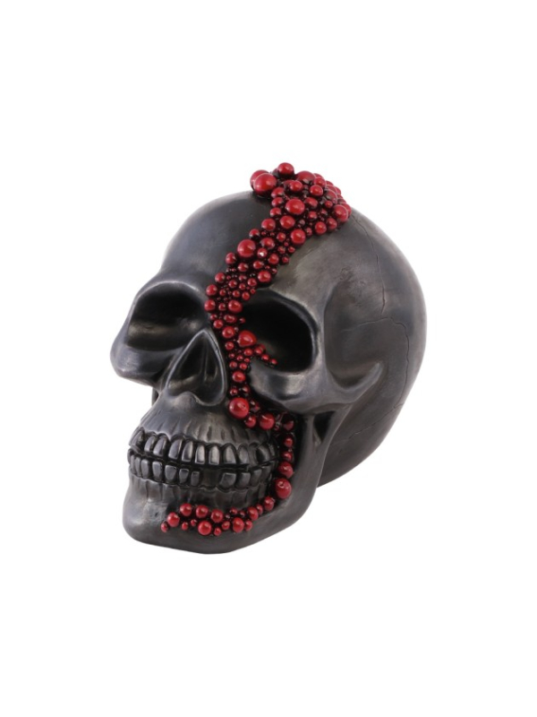 Crâne gothique noir en résine avec perles rouges – 23 cm
