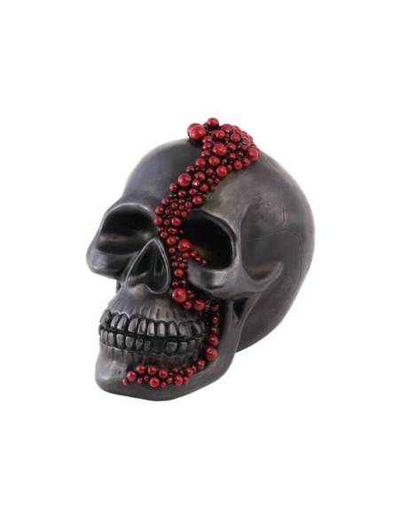 Crâne gothique noir en résine avec perles rouges – 23 cm