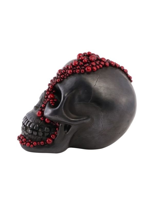 Crâne gothique noir en résine avec perles rouges – 23 cm
