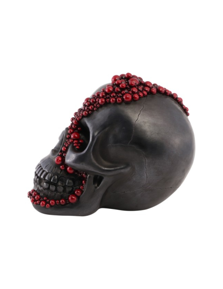Crâne gothique noir en résine avec perles rouges – 23 cm
