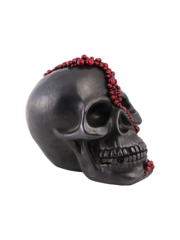 Crâne gothique noir en résine avec perles rouges – 23 cm