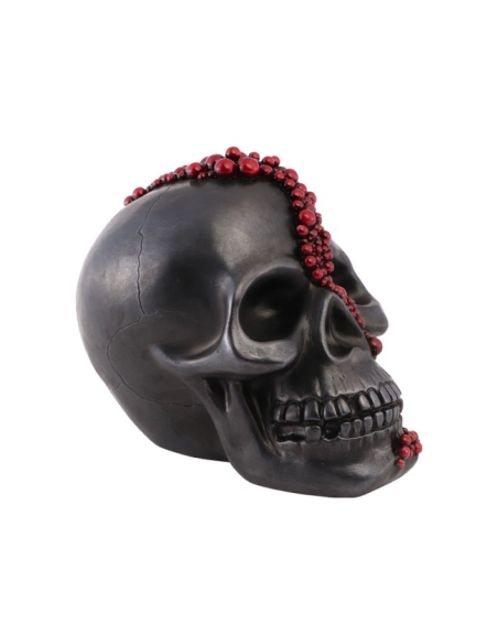 Crâne gothique noir en résine avec perles rouges – 23 cm
