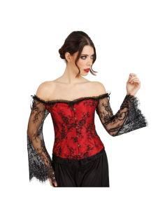 Corset gothique femme rouge et noir avec manches en dentelle 2