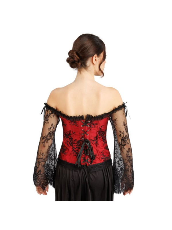 Corset gothique femme rouge et noir avec manches en dentelle