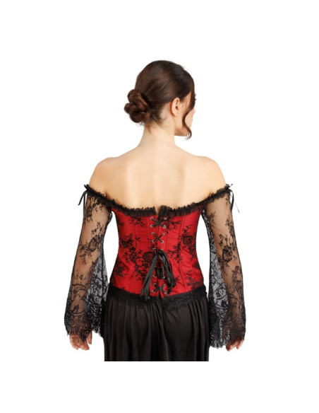 Corset gothique femme rouge et noir avec manches en dentelle