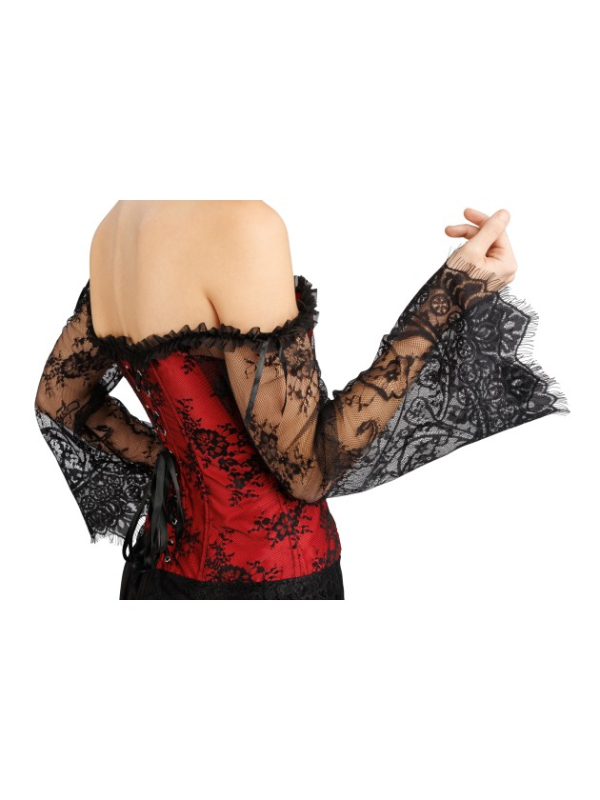 Corset gothique femme rouge et noir avec manches en dentelle