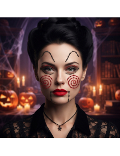 Bijoux visage adhésifs poupée maléfique Halloween rouge et noir