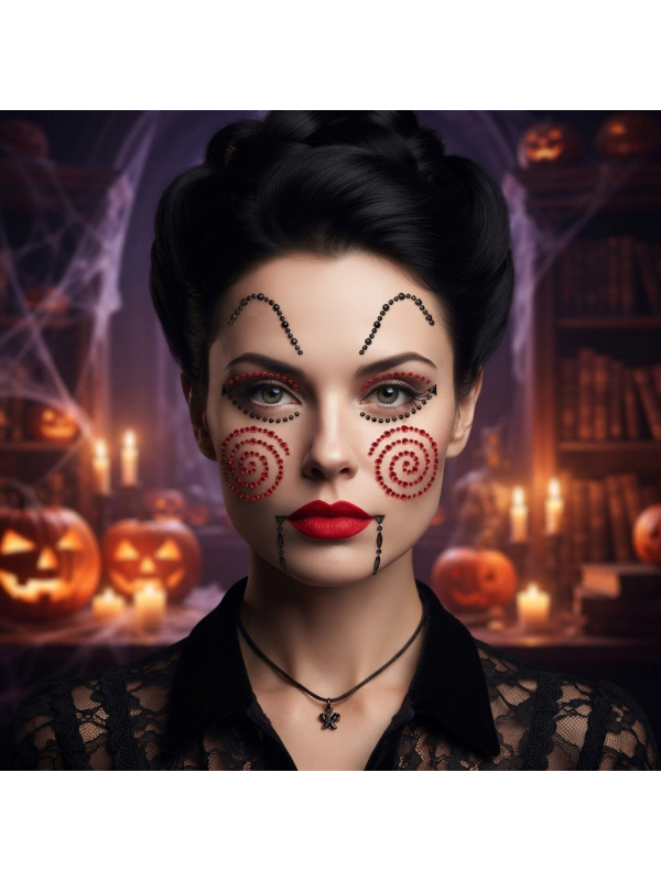 Bijoux visage adhésifs poupée maléfique Halloween rouge et noir