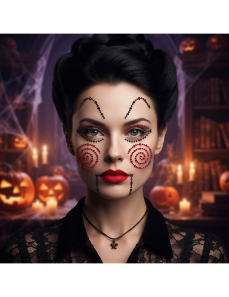 Bijoux visage adhésifs poupée maléfique Halloween rouge et noir
