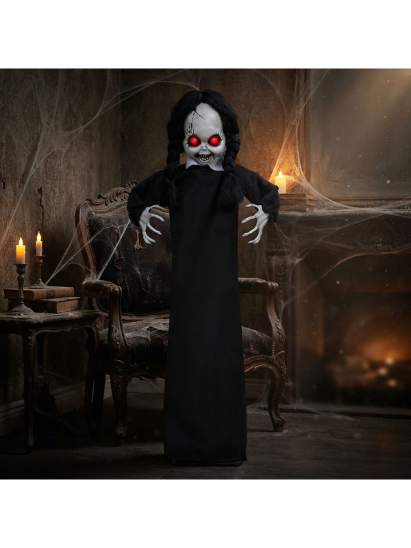 Automate Halloween poupée hantée animée sur pied – lumière, son et mouvement – 95 cm