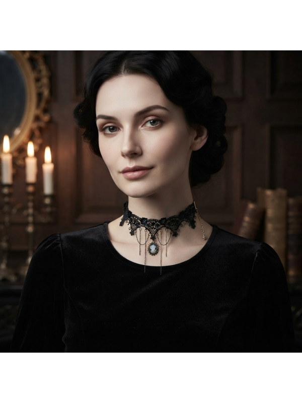 Collier ras-de-cou gothique baroque noir avec camée – femme