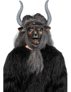 Masque démon taureau à grandes cornes avec cheveux gris – latex 2