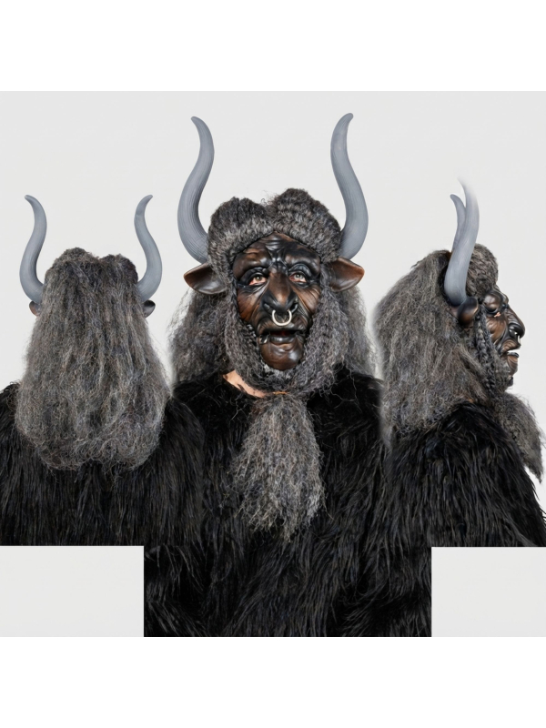 Masque démon taureau à grandes cornes avec cheveux gris – latex