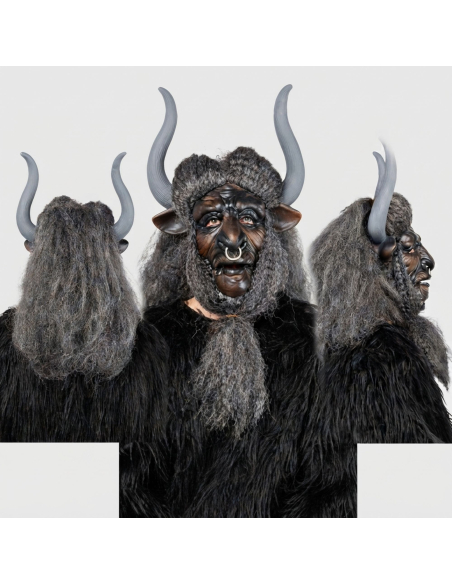 Masque démon taureau à grandes cornes avec cheveux gris – latex