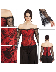 Corset gothique femme rouge et noir avec manches en dentelle