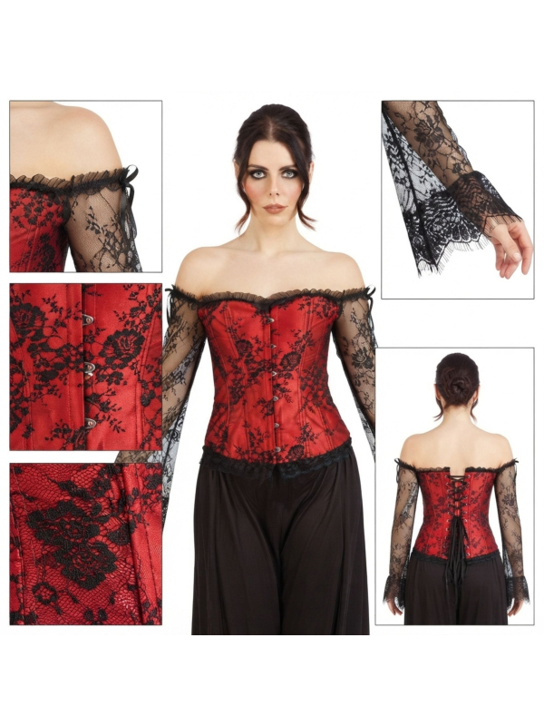 Corset gothique femme rouge et noir avec manches en dentelle