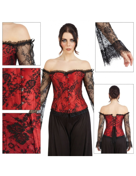 Corset gothique femme rouge et noir avec manches en dentelle